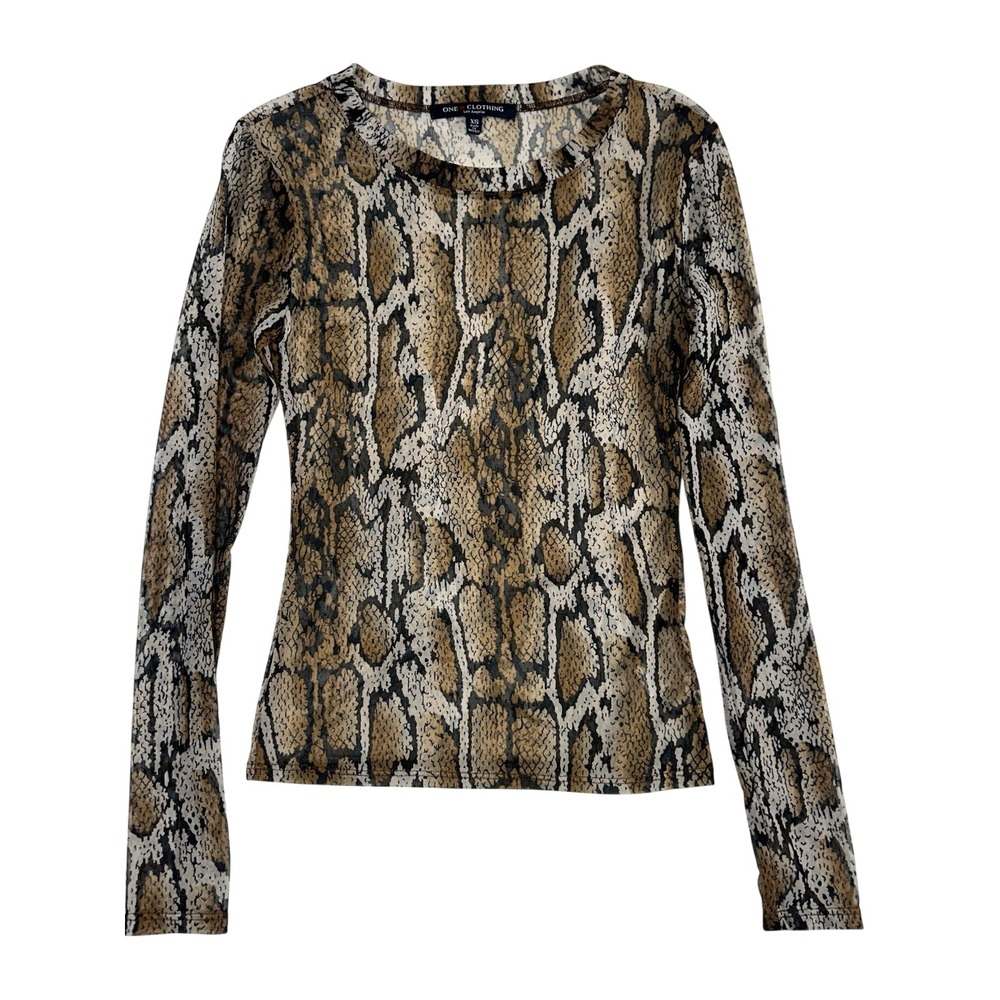 Women's Sheer Long-sleeved Crewneck Top Brown/Black snakeskin print Size XS